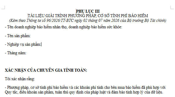 Tải về Tài liệu giải trình phương pháp cơ sở tính phí bảo hiểm ở đâu theo Thông tư 96/2026/TT-BTC?