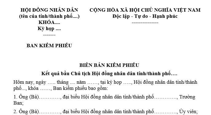 Mẫu biên bản kiểm phiếu bầu Chủ tịch Hội đồng nhân dân nhiệm kỳ 2026-2031 là mẫu nào? Tải về ở đâu?