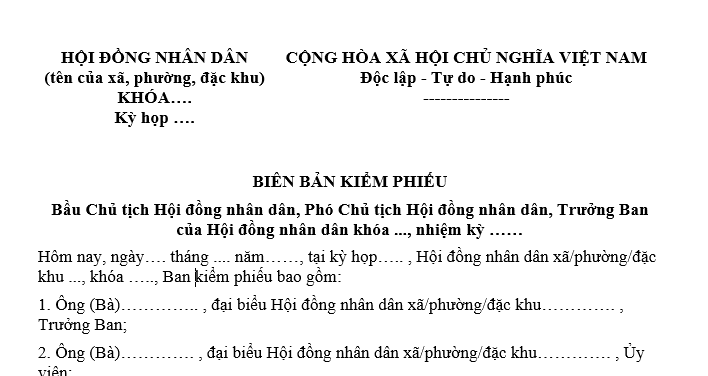 Biên bản kiểm phiếu bầu Chủ tịch, Phó Chủ tịch, Trưởng Ban của Hội đồng nhân dân xã/phường/đặc khu.