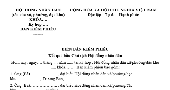 Mẫu biên bản kiểm phiếu bầu Chủ tịch Hội đồng nhân dân nhiệm kỳ 2026-2031 là mẫu nào? Tải về ở đâu?