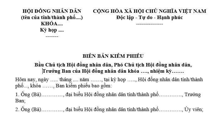 Biên bản kiểm phiếu bầu Chủ tịch, Phó Chủ tịch, Trưởng Ban của Hội đồng nhân dân tỉnh/thành phố