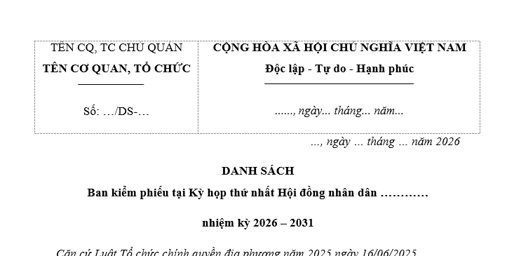 Mẫu Danh sách Ban kiểm phiếu tại kỳ họp thứ nhất của Hội đồng nhân dân các cấp nhiệm kỳ 2026-2031?