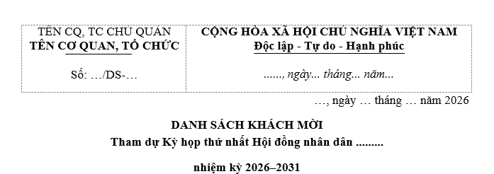 Mẫu Danh sách khách mời tham dự kỳ họp thứ nhất Hội đồng nhân dân