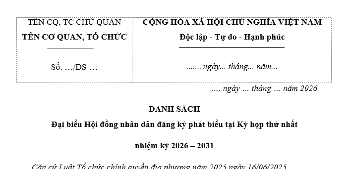 Mẫu Danh sách đại biểu đăng ký phát biểu tại kỳ họp thứ nhất của Hội đồng nhân dân các cấp nhiệm kỳ 2026-2031?