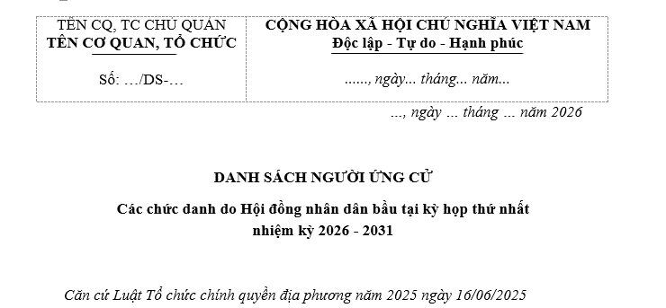Mẫu Danh sách người ứng cử các chức danh do HĐND bầu