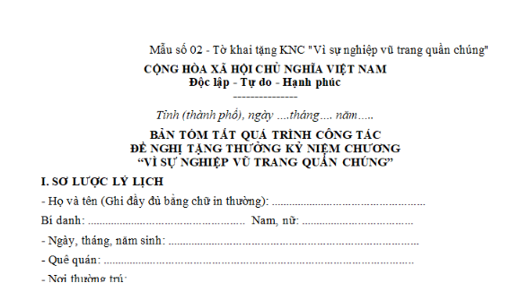 Mẫu Tờ khai tặng kỷ niệm chương 'Vì sự nghiệp vũ trang quần chúng'