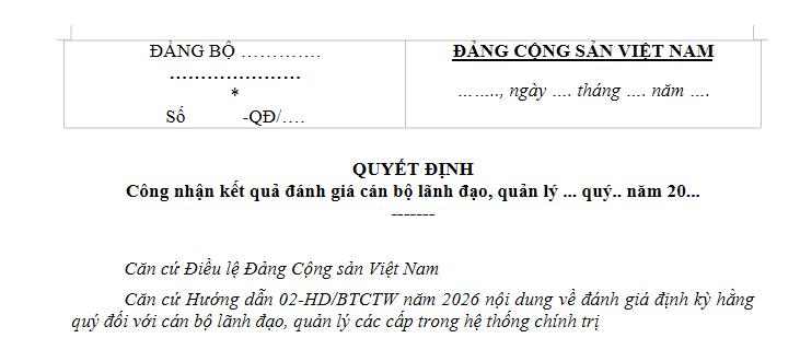 Mẫu Quyết định công nhận kết quả đánh giá cán bộ lãnh đạo quản lý các cấp trong hệ thống chính trị quý 2 năm 2026?