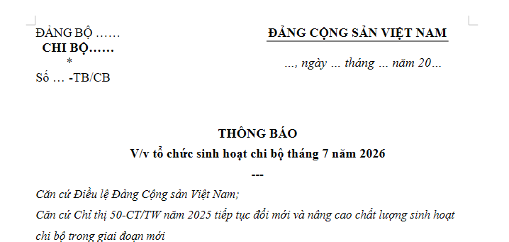 Mẫu Thông báo sinh hoạt chi bộ tháng 7 năm 2026? Tải về thông báo sinh hoạt chi bộ tháng 7/2026?