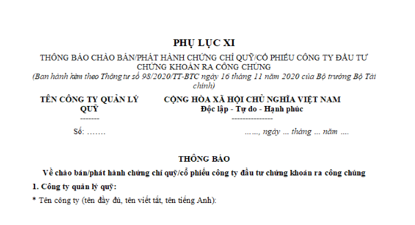 Mẫu thông báo chào bán/ phát hành chứng chỉ quỹ công ty đầu tư chứng khoán ra công chúng là mẫu nào? Tải về ở đâu?