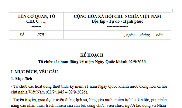 Mẫu Kế hoạch tổ chức kỷ niệm Ngày Quốc khánh 2/9/2026 là mẫu nào? Tải về kế hoạch tổ chức kỷ niệm 2/9?