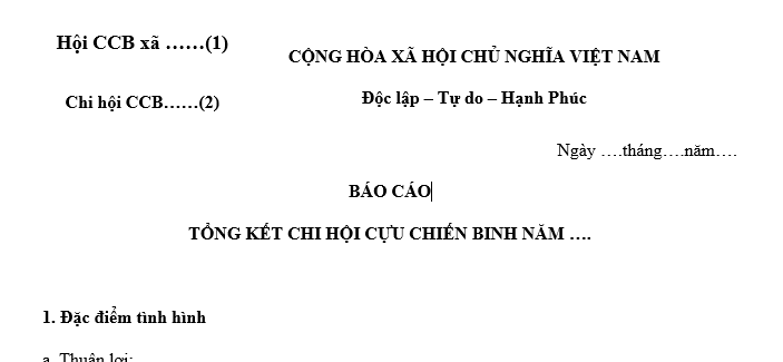 Mẫu Báo cáo tổng kết Chi hội Cựu chiến binh cuối năm mới nhất? Nhiệm vụ của Hội Cựu chiến binh Việt Nam là gì?