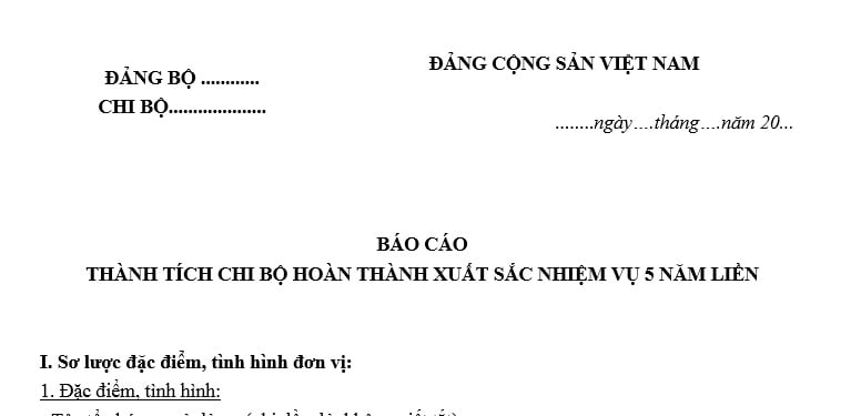 Mẫu Báo cáo thành tích chi bộ hoàn thành xuất sắc nhiệm vụ 5 năm liền mới nhất? Tải về báo cáo?