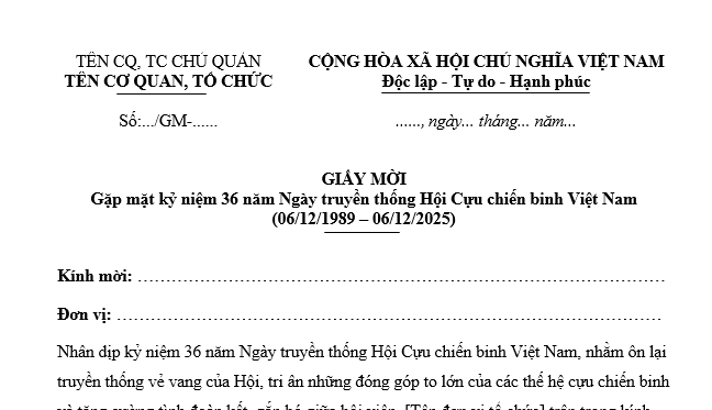 Mẫu giấy mời gặp mặt kỷ niệm 36 năm Ngày truyền thống Hội Cựu chiến binh Việt Nam mới nhất? Tải về?