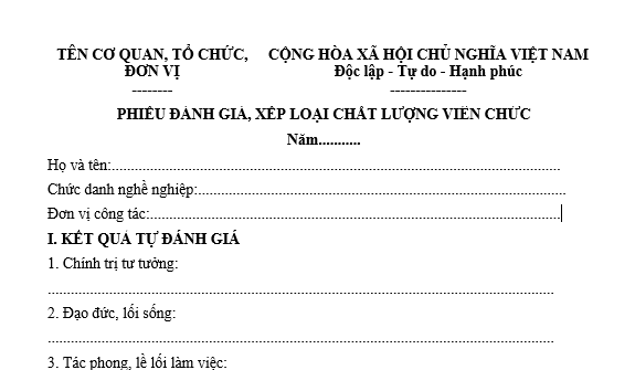 Phiếu đánh giá xếp loại viên chức là người đứng đầu và cấp phó