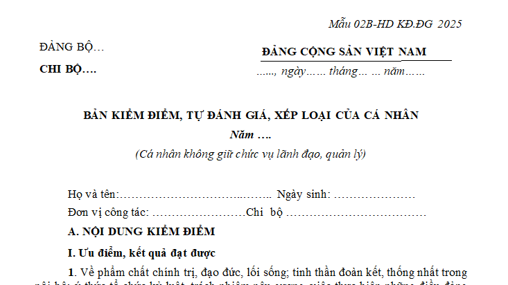 Mẫu bản kiểm điểm Đảng viên của Bí thư chi Đoàn mới nhất