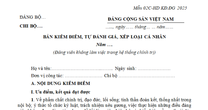 Mẫu bản kiểm điểm đảng viên chuyển công tác sau sáp nhập