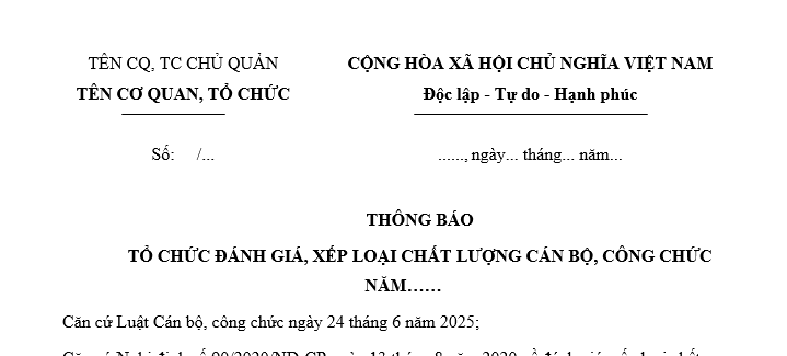Mẫu Thông báo tổ chức đánh giá xếp loại chất lượng cán bộ công chức hàng năm mới nhất? Tải về ở đâu?