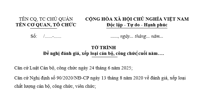 Mẫu Tờ trình đề nghị đánh giá xếp loại cán bộ công chức cuối năm mới nhất? Tải về tờ trình đề nghị đánh giá xếp loại?