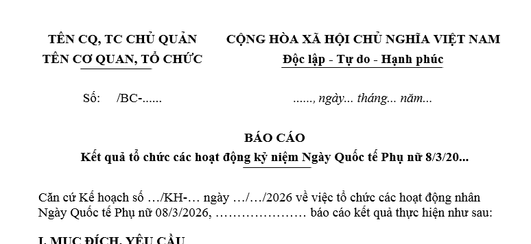 BÁO CÁO Kết quả tổ chức các hoạt động kỷ niệm Ngày Quốc tế Phụ nữ 8/3/20...