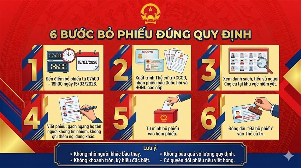 Hướng dẫn 6 bước bỏ phiếu bầu cử đúng quy định? Công dân đi bỏ phiếu bầu cử từ mấy giờ ngày 15/3/2026?