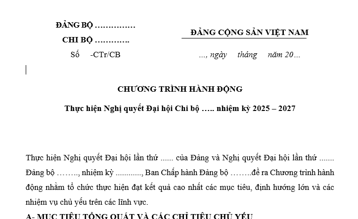 Chương trình hành động thực hiện Nghị quyết Đại hội Chi bộ nhiệm kỳ 2025 - 2027