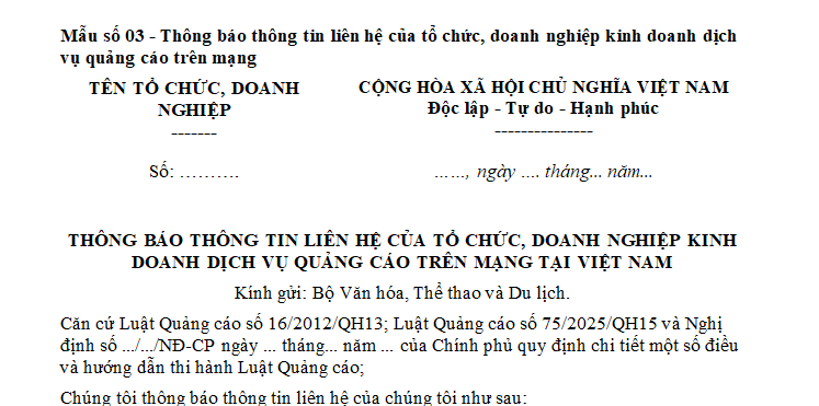 Mẫu Thông báo thông tin liên hệ của tổ chức, doanh nghiệp kinh doanh dịch vụ quảng cáo trên mạng
