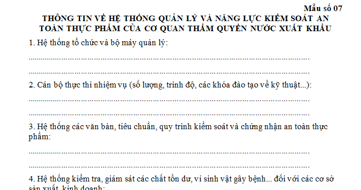 Mẫu Thông tin về hệ thống quản lý và năng lực kiểm soát an toàn thực phẩm của cơ quan thẩm quyền nước xuất khẩu mới nhất?