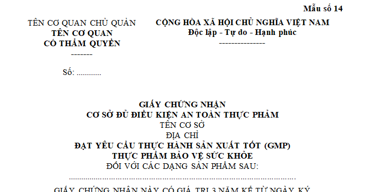 Mẫu Giấy chứng nhận cơ sở đủ điều kiện an toàn thực phẩm đạt yêu cầu Thực hành sản xuất tốt (GMP) thực phẩm bảo vệ sức khỏe