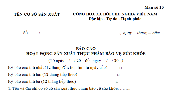Mẫu Báo cáo hoạt động sản xuất thực phẩm bảo vệ sức khỏe