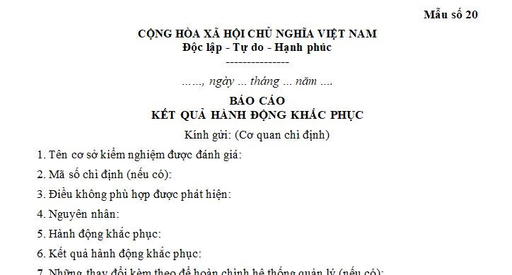 Mẫu Báo cáo kết quả hành động khắc phục