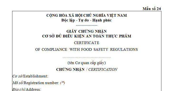 Mẫu Giấy chứng nhận cơ sở đủ điều kiện an toàn thực phẩm