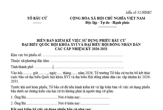 Mẫu Biên bản kiểm kê việc sử dụng phiếu bầu cử đại biểu Quốc hội khóa XVI và đại biểu Hội đồng nhân dân các cấp nhiệm kỳ 2026-2031