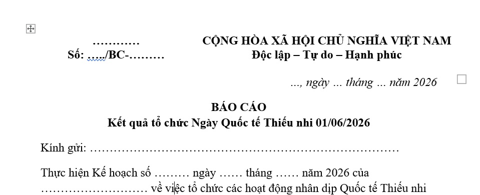 Mẫu Báo cáo kết quả tổ chức Ngày Quốc tế Thiếu nhi 1/6/2026? Tải về báo cáo kết quả Tết Thiếu nhi?