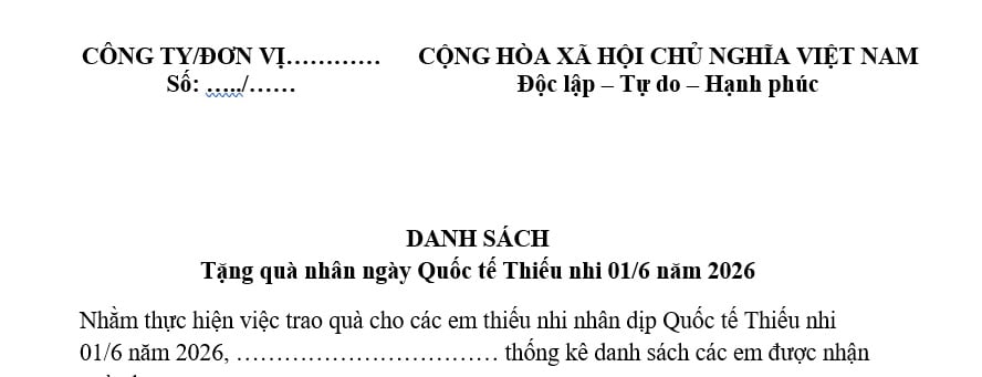 Mẫu Danh sách tặng quà ngày Quốc tế Thiếu nhi 1/6/2026? Tải về danh sách nhận quà Tết Thiếu nhi?