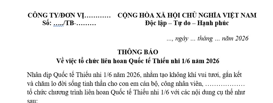 Mẫu Thông báo liên hoan Quốc tế Thiếu nhi 1/6/2026? Tải về thông báo liên hoan Tết Thiêu nhi năm 2026?