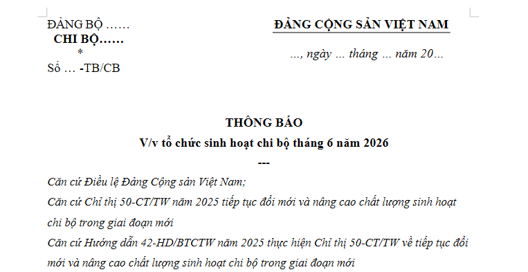 Mẫu Thông báo sinh hoạt chi bộ tháng 6 năm 2026? Tải thông báo thời gian, địa điểm, nội dung sinh hoạt chi bộ?