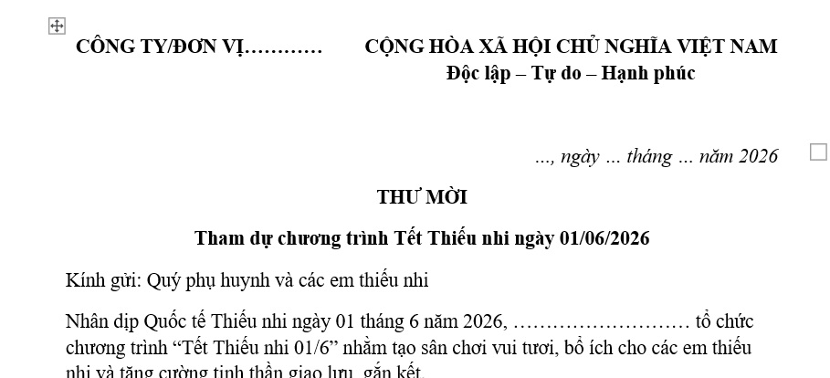 Mẫu Thư mời tham dự Tết Thiếu nhi ngày 1 tháng 6 năm 2026? Tải về thư mời ngày Quốc tế thiếu nhi?