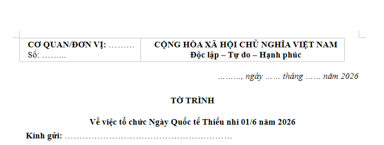 Mẫu Tờ trình tổ chức Quốc tế Thiếu nhi 1/6/2026 mới nhất? Tải về tờ trình tổ chức Tết Thiếu nhi?