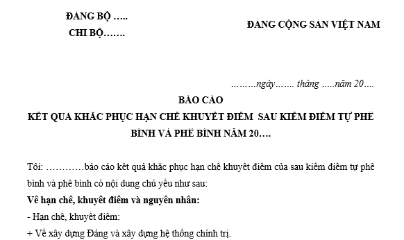 Mẫu Báo cáo kết quả khắc phục hạn chế khuyết điểm sau kiểm điểm tự phê bình và phê bình