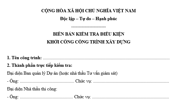 Mẫu biên bản kiểm tra điều kiện khởi công công trình xây dựng mới nhất là mẫu nào? Tải về ở đâu?