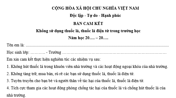 Mẫu Bản cam kết không sử dụng thuốc lá, thuốc lá điện tử trong trường học