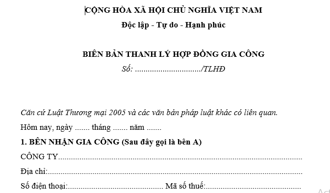 Mẫu biên bản thanh lý hợp đồng gia công mới nhất là mẫu nào? 