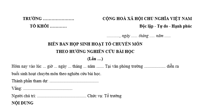 Mẫu biên bản sinh hoạt chuyên môn theo nghiên cứu bài học mới nhất? Tải về biên bản sinh hoạt chuyên môn?