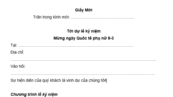 Mẫu giấy mời dự lễ kỷ niệm mừng ngày 8 tháng 3 Ngày Quốc tế phụ nữ mới nhất? Tải về mẫu giấy mời?