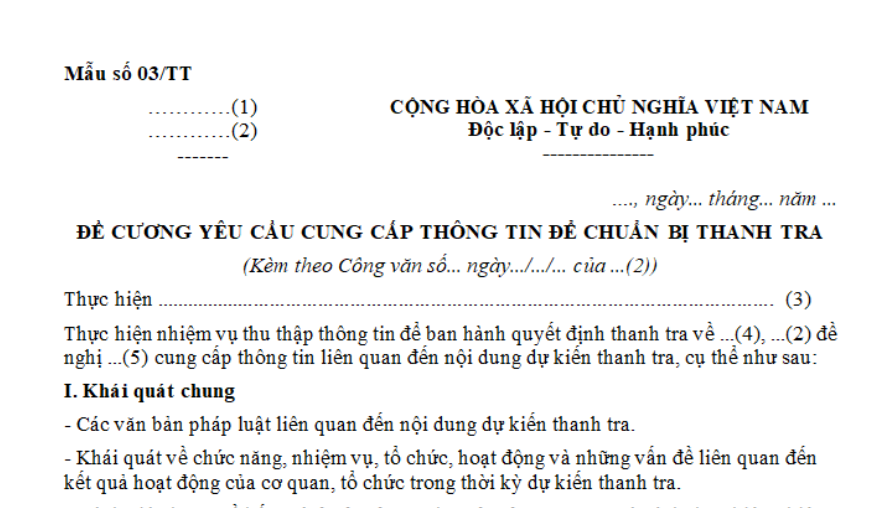 Mẫu Đề cương yêu cầu cung cấp thông tin để chuẩn bị thanh tra mới nhất là mẫu nào? Tải về mẫu đề cương?