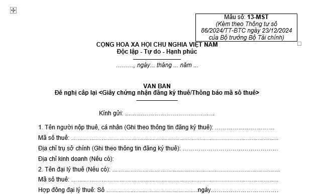 Mẫu 13-MST văn bản đề nghị cấp lại Giấy chứng nhận đăng ký thuế mới nhất theo Thông tư 86? Tải về ở đâu?