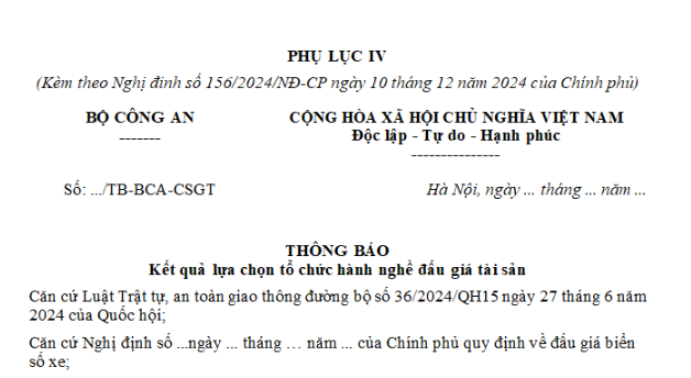 Mẫu thông báo kết quả lựa chọn tổ chức hành nghề đấu giá tài sản mới nhất là mẫu nào? Tải về ở đâu?