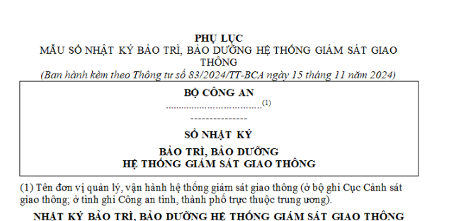 Mẫu sổ nhật ký bảo trì bảo dưỡng hệ thống giám sát giao thông mới nhất là mẫu nào? Tải về ở đâu?