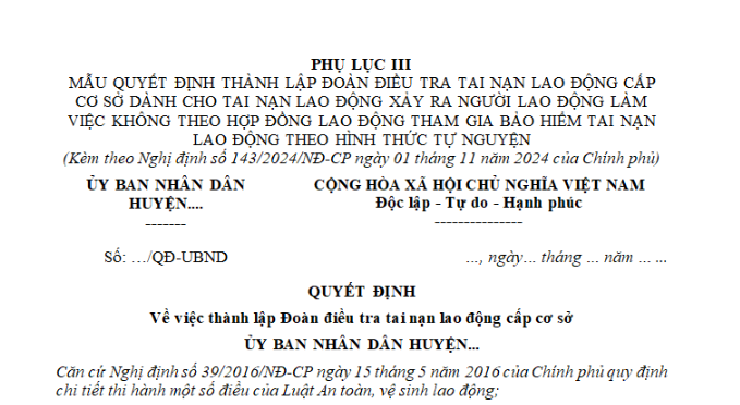 Mẫu Quyết định về việc thành lập Đoàn điều tra tai nạn lao động cấp cơ sở mới nhất? Tải về ở đâu?