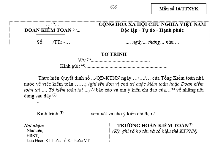 Mẫu Tờ trình xin ý kiến về hoạt động kiểm toán